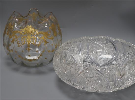 A gilt glass vase and a cut glass bowl